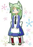  1girl 7th_dragon 7th_dragon_(series) animal_ear_fluff animal_ears apron arietta_(7th_dragon) back_bow black_necktie blue_bow blue_dress blue_eyes bow brown_footwear chibi commentary_request dress full_body green_hair kneehighs loafers long_hair looking_at_viewer naga_u necktie red_socks shoes simple_background socks solo standing white_apron white_background white_bow 