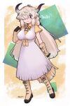  1girl 2021 animal_ears bad_id bad_twitter_id boots breasts brown_eyes closed_mouth commentary_request dress extra_ears full_body gloves hair_over_one_eye hand_up highres horns inactive_account jmeysan kemono_friends kemono_friends_3 large_breasts long_hair looking_at_viewer multicolored_horns neck_ribbon ox_ears ox_girl ox_horns ribbon shirt short_sleeves solo standing very_long_hair white_dress white_hair yak_(kemono_friends) yellow_shirt 