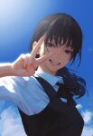  1girl black_hair chainsaw_man cloud cloudy_sky fourth_east_high_school_uniform green_eyes mitaka_asa school_uniform sky smile teeth v yao_liao_wang 