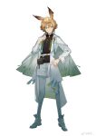  1boy absurdres animal_ear_piercing animal_ears arknights belt belt_pouch black_shirt blonde_hair cape character_request coat earrings full_body gradient_cape gradient_legwear green_cape green_eyes green_footwear green_pantyhose green_tassel grin hair_between_eyes hand_up highres jewelry long_sleeves looking_at_viewer male_focus open_clothes open_coat pantyhose pouch shirt shoes short_hair shorts simple_background smile solo standing su_ran_(bilibili_18604428) tachi-e tassel tassel_earrings weibo_watermark white_background white_belt white_coat white_shorts 