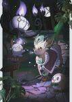  :o absurdres blanket border breath chandelure grass highres leafeon litwick moon night no_humans outdoors plant pokemon pokemon_(creature) reo_(mmocc123) road rowlet sign smile star_(sky) white_border yellow_eyes 