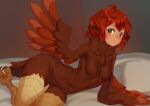  1girl ahoge animal_ears bird_ears bird_legs blush breasts brown_eyes brown_feathers brown_wings commission feathers harpy highres looking_at_viewer medium_breasts monster_girl navel neck_fur niniidawns original parted_lips red_hair short_hair solo talons winged_arms wings 