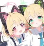  2girls :d :o animal_ear_headphones animal_ears blonde_hair blue_archive blue_bow blue_necktie blush bow cat_ear_headphones collared_shirt drawn_whiskers fake_animal_ears green_eyes hair_bow halo headphones highres looking_at_viewer medium_hair midori_(blue_archive) momoi_(blue_archive) multiple_girls necktie open_mouth pink_bow pink_eyes portrait school_uniform shirt siblings side-by-side simple_background sisters smile viewfinder white_background white_shirt yukisiannn 