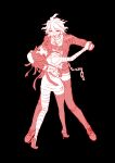  1boy 1girl :d absurdres artist_name bandaged_leg bandages black_background chain chain_leash collar dancing danganronpa_(series) danganronpa_2:_goodbye_despair danganronpa_another_episode:_ultra_despair_girls hair_between_eyes high_heels highres jacket kado_51 komaeda_nagito leash messy_hair metal_collar nurse open_clothes open_jacket open_mouth oven_mitts pants servant_(danganronpa) shoes single_thighhigh smile standing thighhighs tsumiki_mikan 