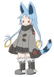  &gt;_&lt; 1girl :3 animal_ears blue_hair blush_stickers boots character_request female konachiu simple_background sleeves_past_wrists solo tail white_background 