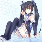  arm_support black_hair boots hair_ornament hair_ribbon highres long_hair neptune_(series) noire pastel-pastel red_eyes ribbon sitting solo thigh_boots thighhighs twintails 