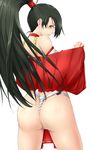  ass bare_shoulders blush brown_eyes fundoshi green_hair hawoku_ishibare japanese_clothes long_hair looking_at_viewer looking_back momiji_(ninja_gaiden) ninja_gaiden simple_background smile solo white_background 