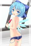  ass back bandaid blue_eyes blue_hair blush bow bracelet breasts butt_crack cirno food hair_bow highres jewelry looking_back lowleg lowleg_shorts noveske_n4 open_mouth popsicle short_hair short_shorts shorts small_breasts solo topless touhou watermelon_bar wings 