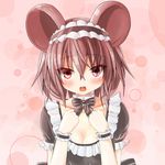  alternate_costume animal_ears blush bow choker collarbone dress enmaided greatmosu grey_dress grey_hair highres looking_at_viewer maid maid_headdress mouse_ears nazrin open_mouth puffy_sleeves red_eyes ribbon_choker short_sleeves solo touhou wrist_cuffs 