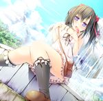  bag black_hair black_legwear blue_eyes bow day dress eating food fountain garters hair_bow hair_ribbon ice_cream kneehighs original peragura ribbon satchel shoes short_hair sitting sky solo tongue twintails water white_dress 