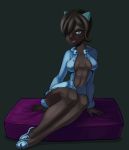  2019 anthro blue_eyes breasts brown_fur brown_hair carnissa_(dofus) clothed clothing digital_media_(artwork) dofus ecaflip felid female fur hair hair_over_eye jegc lipstick looking_at_viewer makeup mammal navel pose side_boob sitting skimpy solo 