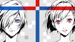  1girl blue_eyes face female_protagonist_(persona_3) hair_ornament hair_over_one_eye hairclip hanosuke highres lipstick makeup persona persona_3 persona_3_portable red_eyes short_hair sketch smile spot_color yuuki_makoto 