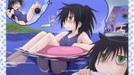  afloat bags_under_eyes barefoot black_hair digital_media_player drooling end_card fujishiro_takeshi green_eyes ipod kuroki_tomoko poster_(object) sea_urchin swimsuit watashi_ga_motenai_no_wa_dou_kangaetemo_omaera_ga_warui! water 