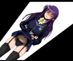  1girl blazer garter_belt hair_down ookura_miyako panties purple_hair red_eyes red_hair school_uniform shaded_face skirt skirt_lift solo tawake thighhighs thighs tokimeki_memorial tokimeki_memorial_4 underwear upskirt yandere 