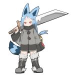  1girl animal_ears blue_hair boots character_request female konachiu red_eyes simple_background sleeves_past_wrists solo sword tail weapon white_background 