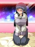  1girl barefoot bed blue_hair blush breasts embarrassed feet headband highres hyuuga_hinata kneeling large_breasts long_hair looking_away mabahn naruto ninja purple_eyes sky solo sweat toes window 