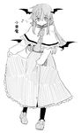  alice_margatroid alice_margatroid_(cosplay) alternate_costume bat_wings capelet character_name cosplay dress frills full_body greyscale head_wings high_collar koakuma loafers long_hair low_wings lysander_z monochrome musical_note pantyhose pigeon-toed ribbon shoes sidelocks simple_background skirt_hold smile solo touhou vest white_background wings 