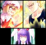  2girls angry animal_ears aura blonde_hair bodysuit bunny_ears crossover crystal dragon_ball dragon_ball_z fang flandre_scarlet gloves grin hat highres komimiyako mob_cap multiple_girls muscle open_mouth plant purple_hair red_eyes red_ribbon reisen_udongein_inaba ribbon side_ponytail smile spiked_hair super_saiyan touhou vampire vegeta vest vines wings 