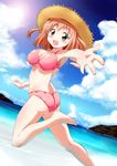  barefoot beach bikini blush cloud day happy hat hataraku_maou-sama! highres leg_up orange_eyes orange_hair outdoors sasaki_chiho short_hair sky solo sun_hat swimsuit water yokoshima_(euphoria) 