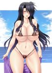  areolae ayato beach bikini black_hair blush breasts cleavage cloud curvy day gradient_hair hair_over_one_eye highres huge_breasts long_hair lyrical_nanoha mahou_shoujo_lyrical_nanoha mature micro_bikini multicolored_hair navel nipples ocean open_mouth precia_testarossa pubic_hair purple_eyes purple_hair purple_towel see-through sky solo swimsuit towel water 