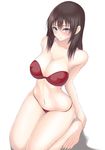  :o bandeau bikini blush breasts brown_hair cleavage kneeling large_breasts long_hair looking_at_viewer muffin_(sirumeria) navel original red_eyes solo swimsuit 