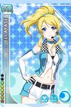  artist_request ayase_eli bare_shoulders belt blonde_hair blue_eyes card_(medium) character_name checkered choker contrapposto elbow_gloves fingerless_gloves gloves hand_on_hip headset long_hair love_live! love_live!_school_idol_festival love_live!_school_idol_project microphone midriff navel official_art ponytail shorts solo standing 