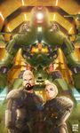  1girl aleksis_kaidanovsky armor artist_name beard blonde_hair cherno_alpha drivesuit facial_hair hangar harousel helmet highres husband_and_wife lens_flare mecha pacific_rim pauldrons russia sasha_kaidanovsky science_fiction short_hair smile super_robot yellow_eyes 