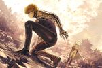  bald black_sclera blonde_hair cape cyborg destruction dutch_angle from_side full_body genos kneeling male_focus multiple_boys one-punch_man outdoors pants profile saitama_(one-punch_man) skin_tight solo_focus tokidoki_tidori 