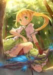  arrow blonde_hair bow_(weapon) brown_gloves dress elf forest fred04142 gloves green_dress green_eyes hood hood_down hooded_jacket jacket long_hair nature original pointy_ears ponytail single_glove solo tree very_long_hair weapon 