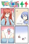  1boy 1girl 4koma animal_ears blood blue_eyes blue_hair blush cat_ears catstudioinc_(punepuni) comic fainting highres jaw_drop kaito left-to-right_manga long_hair nosebleed original pool_of_blood puni_(miku_plus) red_hair sigh sleeping spread_legs thai translated vocaloid zzz 