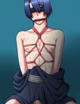  1boy blindfold blue_hair erection erection_under_clothes gag hijirikawa_masato japanese_clothes male male_focus mole penis precum shibari uta_no_prince-sama 