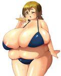  1girl breasts brown_eyes brown_hair fat food gigantic_breasts ice_cream mousoucata obese thick_thighs thighs 