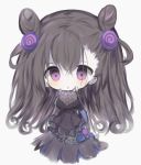  1girl :o bangs black_dress blush breasts brown_hair chibi cottontailtokki dress eyebrows_visible_through_hair fate/grand_order fate_(series) grey_background hair_between_eyes hair_ornament hand_up highres juliet_sleeves large_breasts long_hair long_sleeves murasaki_shikibu_(fate) parted_lips puffy_sleeves purple_eyes simple_background solo two_side_up very_long_hair wide_sleeves 