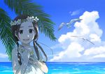  :d bird black_eyes blue_sky brown_hair cat cloud day dress flower head_wreath holding holding_cat horizon long_hair looking_at_viewer low_twintails morifumi ocean open_mouth original outdoors palm_tree seagull sky smile solo tree tree_shade twintails under_tree water white_dress 