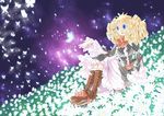  blonde_hair blue_eyes boots bug butterfly dress field flower flower_field frills insect katou_kouki long_hair original parted_lips ribbon sitting solo 