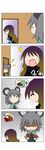  2girls 4koma absurdres animal_ears broken brown_hair capelet chibi comic flying_sweatdrops gradient_hair grey_hair highres hijiri_byakuren mouse_ears multicolored_hair multiple_girls nazrin open_mouth purple_hair rakugaki-biyori shaded_face silent_comic sweatdrop touhou wooden_fish 