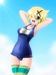  ;d akatsuki_kirika arms_behind_head banemumu blonde_hair green_eyes one-piece_swimsuit one_eye_closed open_mouth school_swimsuit senki_zesshou_symphogear short_hair smile solo striped striped_legwear swimsuit thighhighs 