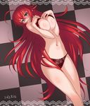  ahoge bad_id bad_pixiv_id blue_eyes blush bra breast_squeeze breast_suppress breasts checkered checkered_background cleavage dated ginko_(silver_fox) hair_between_eyes high_school_dxd huge_ahoge large_breasts long_hair looking_at_viewer navel panties red_hair rias_gremory smile solo underwear underwear_only very_long_hair 
