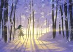  barefoot black_hair blue_eyes dress footprints forest long_hair long_shadow looking_back minatsuki_(sitsu) nature original scenery snow solo sundress sunrise 
