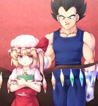  1girl ascot black_eyes black_hair blonde_hair blush book crystal dragon_ball dragon_ball_z dress flandre_scarlet gloves hat hat_ribbon komimiyako mob_cap muscle open_mouth puffy_sleeves red_dress red_eyes ribbon short_hair side_ponytail spiked_hair sweatdrop touhou vampire vegeta wings 