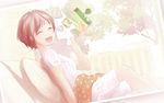  ^_^ ahira_yuzu brown_hair closed_eyes happy highres jigsaw_puzzle original pillow puzzle puzzle_piece short_hair shorts sitting smile solo tree v 