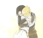  black_hair blonde_hair christa_renz closed_eyes hug jingo_kajiki multiple_girls shingeki_no_kyojin short_hair white_background ymir_(shingeki_no_kyojin) yuri 