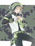  bad_id bad_pixiv_id badge belt blonde_hair button_badge cube dramatical_murder eyebrow_piercing green_eyes hat male_focus minato_(robin) necktie noiz_(dramatical_murder) piercing safety_pin solo 