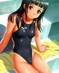  black_hair competition_swimsuit highleg highleg_swimsuit highres kuri_(kurigohan) long_hair one-piece_swimsuit original red_eyes solo speedo_(company) swimsuit towel 