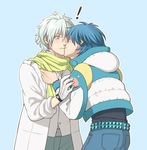  2boys bad_id bad_pixiv_id belt blue_hair blush clear_(dramatical_murder) couple dramatical_murder gloves jacket kiss labcoat male_focus minato_(robin) multiple_boys pink_eyes scarf scarf_grab seragaki_aoba sleeves_rolled_up watch white_hair wristwatch yaoi 