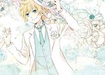  bad_id bad_pixiv_id blonde_hair blue_eyes floral_background flower formal hand_on_headwear hand_up hat holding_hands kagamine_len kuwahara_souta out_of_frame rose solo_focus suit vocaloid white_flower white_rose white_suit 