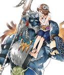  backlighting bad_id bad_pixiv_id bare_shoulders barefoot beard blue_skin broken_horn brown_hair child collarbone facial_hair final_fantasy final_fantasy_x flower fur hair_flower hair_ornament horn kimahri_ronso muscle ronso sitting sitting_on_shoulder skirt toes weapon white_background yellow_eyes younger yukataro yuna_(ff10) 