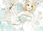  blonde_hair blue_eyes blue_ribbon bouquet bow buzz dress floral_background flower hair_flower hair_ornament holding_hands kagamine_rin out_of_frame ribbon solo_focus vocaloid white_dress 