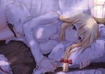  bad_id bad_pixiv_id black_panties blonde_hair breasts cleavage hair_ribbon holding_hands lace lace-trimmed_panties large_breasts long_sleeves looking_at_viewer lying naked_shirt on_side out_of_frame panties pillow pov pov_hands purple_eyes ribbon shirt smile touhou tress_ribbon underwear white_crow yakumo_yukari 