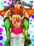  aviator_cap black_hair blonde_hair blue_eyes blue_hair caesar_anthonio_zeppeli facial_mark feathers fingerless_gloves gloves green_eyes green_jacket hair_feathers hat headband jacket jojo_no_kimyou_na_bouken joseph_joestar_(young) multiple_boys one_eye_closed scarf taruha tegaki 